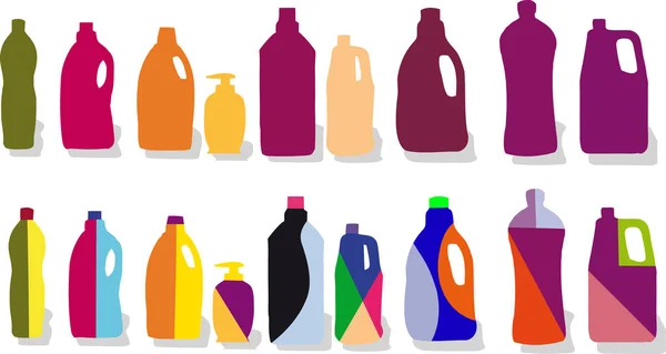 Serie de botellas de plástico de colores alineados para la belleza — Vector de stock