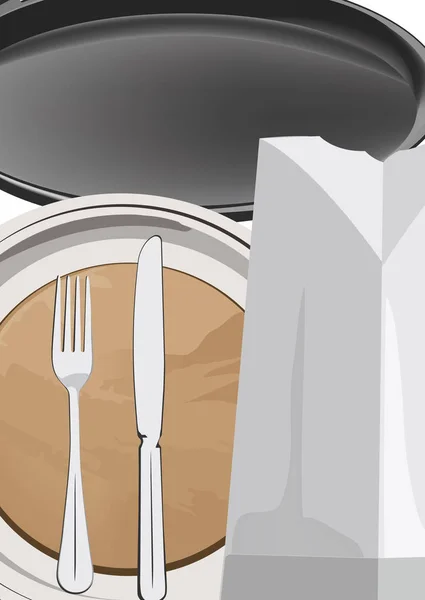 Accessoires de chef casserole chapeau et assiette avec fourchette — Image vectorielle