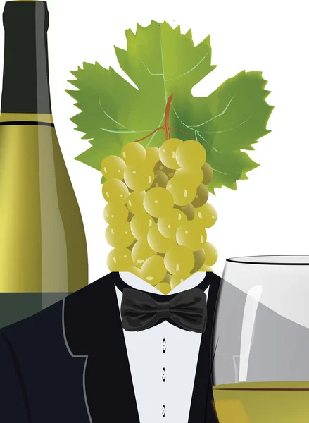 Butler figuur met glas en fles wijn — Stockvector