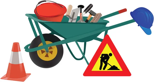 Wheelbarrow working with road accessories and work signals — Stock Vector