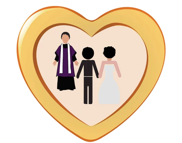 Coração com interior casamento cenas casal cônjuges e padre —  Vetores de Stock