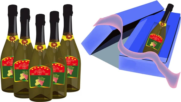 Caja de regalo de cartón con botella de vino — Vector de stock