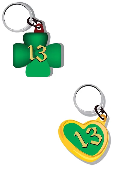 Key ring pendant with four-leaf clover and number thirteen — 스톡 벡터