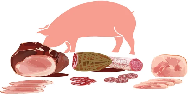 Daging babi merah muda dengan salami dan mortadella daging - Stok Vektor