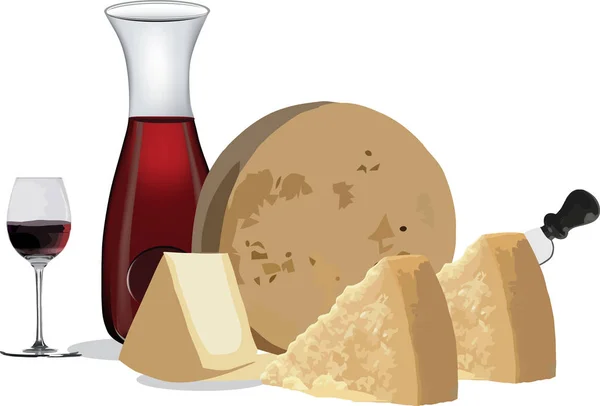 Garrafa de vinho tinto com queijo envelhecido — Vetor de Stock