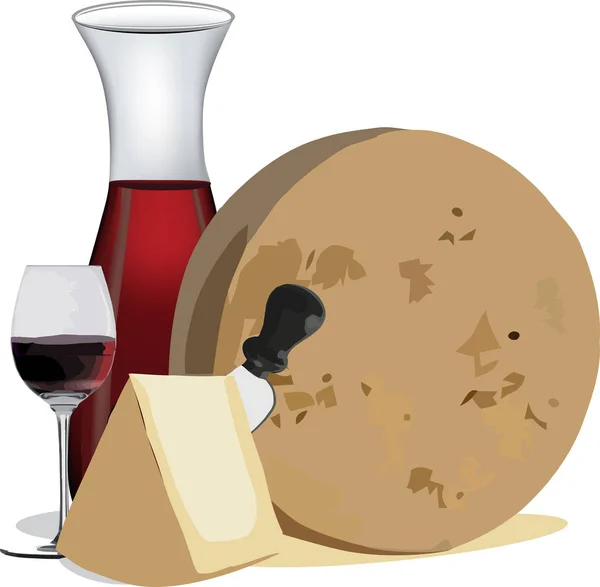 Bottle of red wine with aged cheeses — Stock Vector