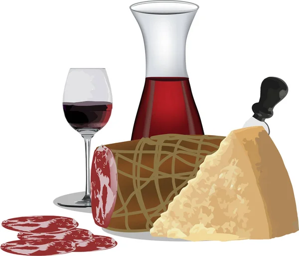 Garrafa de vinho tinto com copo de salsicha de porco —  Vetores de Stock