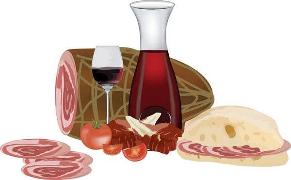 Garrafa de vinho tinto com copo de salsicha de porco —  Vetores de Stock