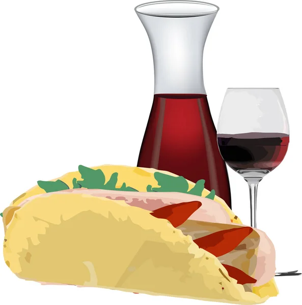 Bottle of red wine with stuffed piadina — Stock Vector