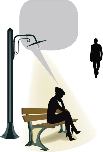 Mulher sentada sob poste de luz no homem distância — Vetor de Stock