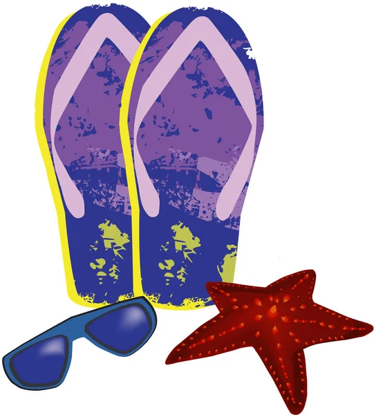 Sflip-flops beach slipper with starfish and glasses — стоковый вектор