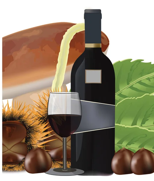 黑葡萄酒瓶，配栗子和蘑菇杯 — 图库矢量图片