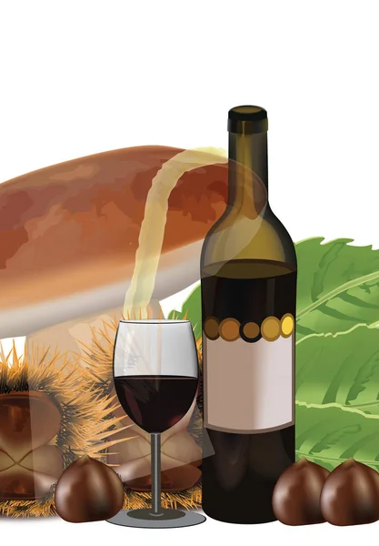 Garrafa de vinho preto com castanha e copo de cogumelo — Vetor de Stock