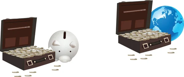 Suitcase with currency and piggy bank — Stockový vektor
