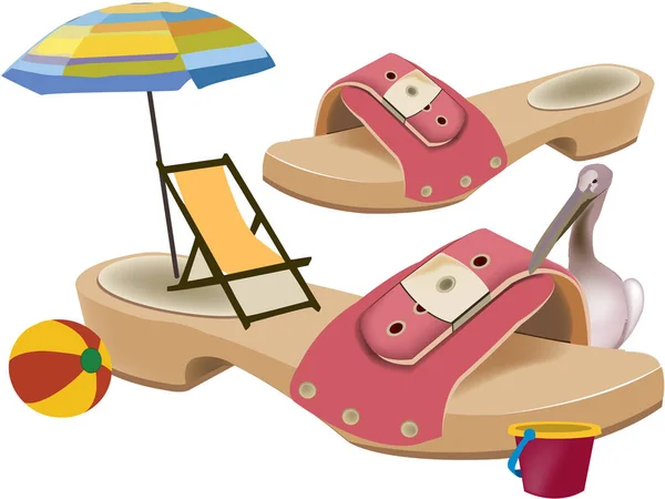 Deck chair clogs ball and pelican — ストックベクタ