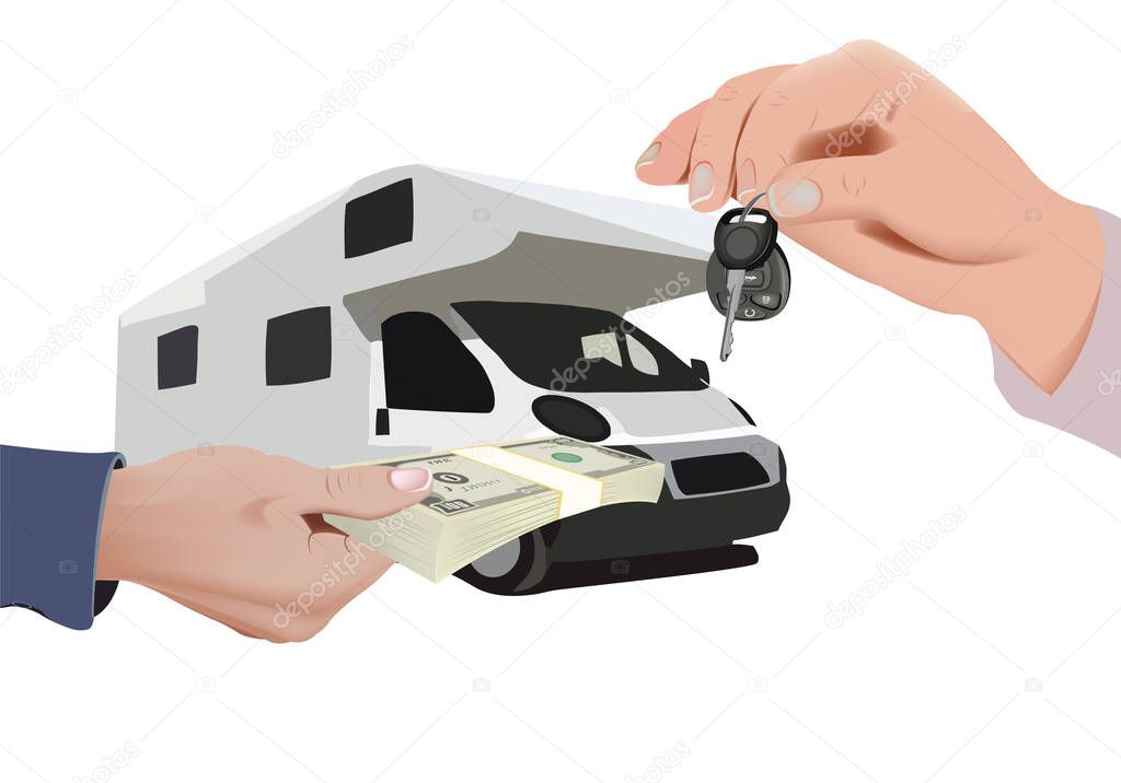 hand with currency and hand with keys selling means of transport