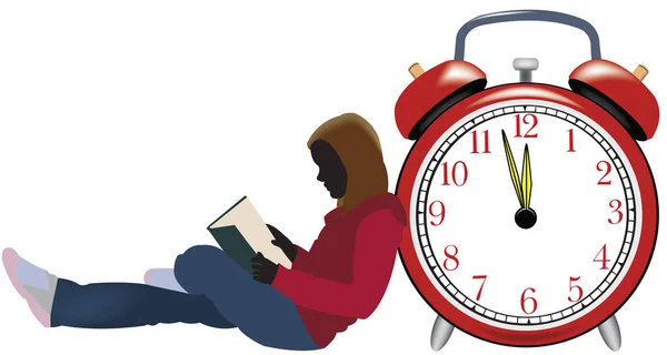 Elinde Kitap Kırmızı Alarmlı Saatle Ders Çalışan Kız — Stok Vektör