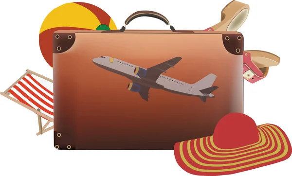 Valise Cuir Avec Des Objets Pour Les Vacances Été Figure — Image vectorielle