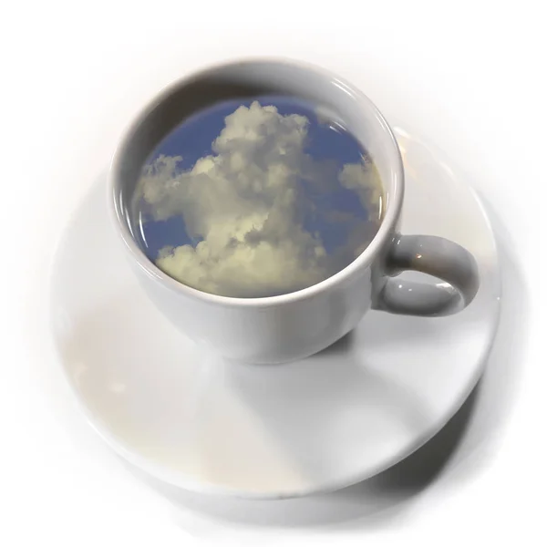cup of coffee with a blue sky view with clouds on a white background.