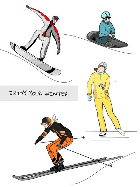 Person skiing, snowboarding, skating, sledding,  flat style design. Winter sport, vacation.