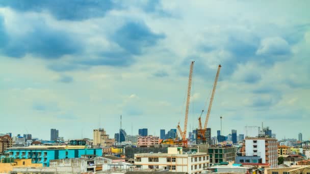 Construction Site Crane Work Concrete Buildings Background Moving Clouds — Stock Video