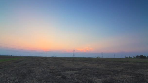 广阔的农田在傍晚的高压输电线路 — 图库视频影像