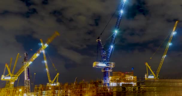 Night Construction Cranes Working — Stock Video