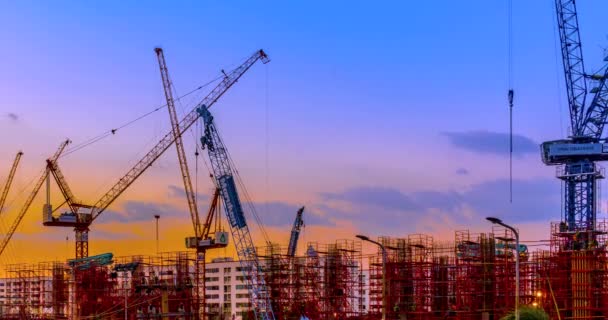 Time Lapse Evening Sunset Development Construction Cranes Working Business Building — Stock Video