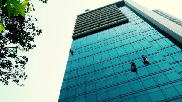 Handheld Aufnahmen Fensterputzer Reinigen Büroraumglas Einem Hohen Gebäude — Stockvideo