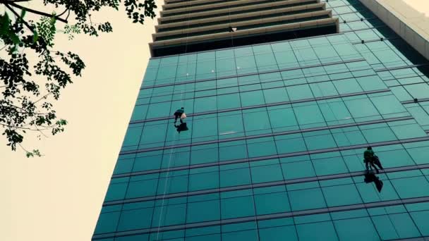 Handheld Aufnahmen Fensterputzer Reinigen Büroraumglas Einem Hohen Gebäude — Stockvideo