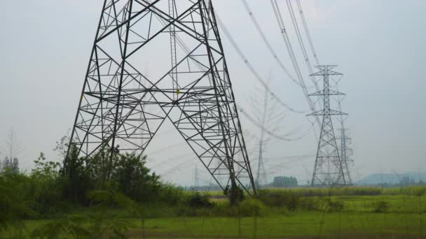 Hoogspanning Transmissie Torens Lange Rijen — Stockvideo