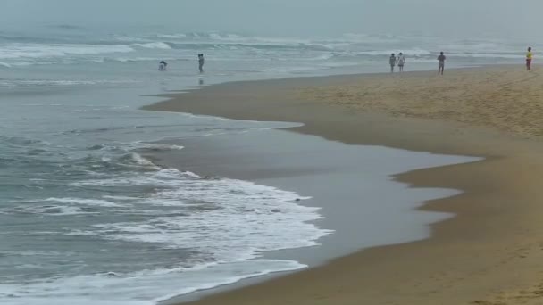 Коричневий Піщаний Пляж Туристи Відпочивають Вранці — стокове відео
