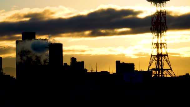 Zonsopgang Zonsondergang Silhouet Stadszicht — Stockvideo