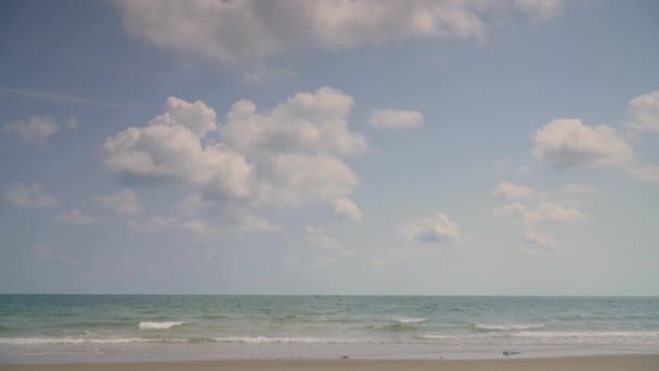 Hermosa Escena Playa Arena Mar Claro Cielo Brillante — Vídeos de Stock