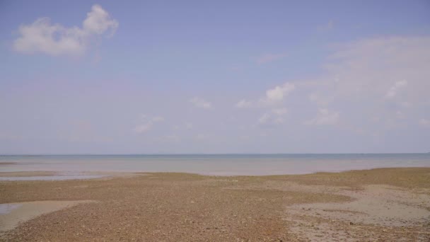 Широка Сцена Скелястого Пляжу Моря Білі Хмари Небі — стокове відео