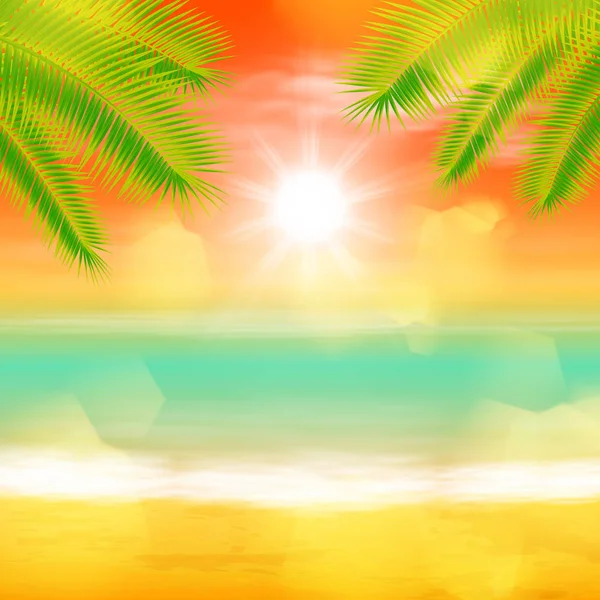 Pôr do sol do mar com folhas de palmtree e luz na lente — Vetor de Stock