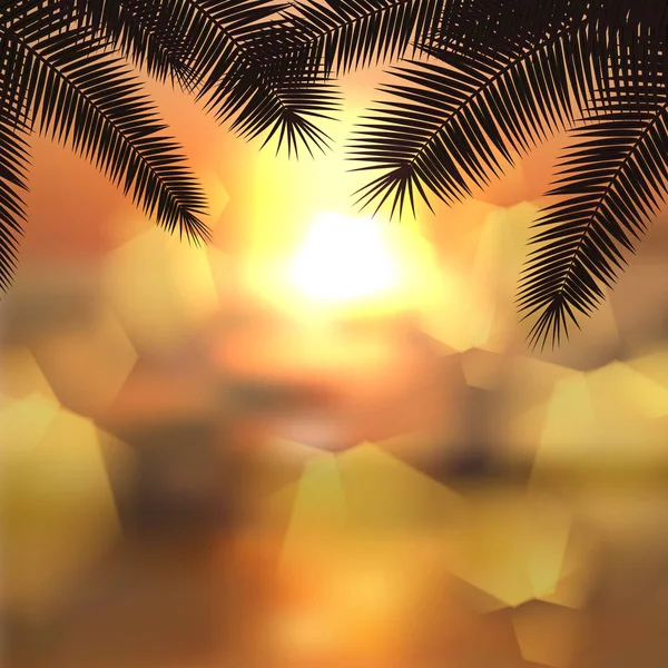 Puesta de sol en el mar con hojas de palmera y luz en la lente — Vector de stock