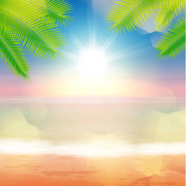 Praia e mar tropical com folhas de palmtree — Vetor de Stock
