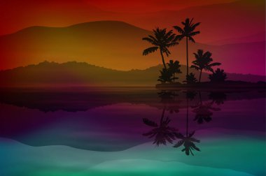 Deniz ve palmiye ağaçları ile mor arka plan