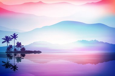 Deniz ve palmiye ağaçları ile mor arka plan