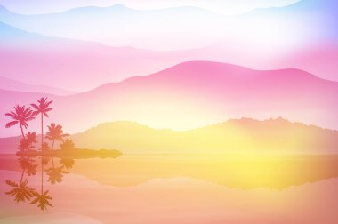 Deniz ve palmiye ağaçları ile arka plan. günbatımı Zamanı.