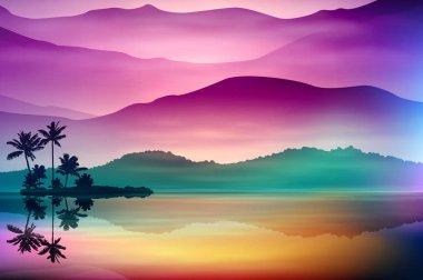 Deniz ve palmiye ağaçları ile arka plan. günbatımı Zamanı.