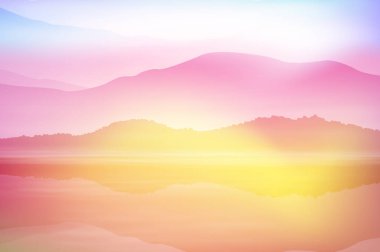 Deniz ve dağ ile arka plan. Günbatımı Zamanı.