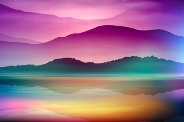 Deniz ve dağ ile arka plan. Günbatımı Zamanı.