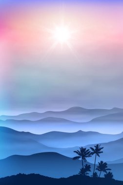 palmiye ağacı ve Dağları sis arka plan