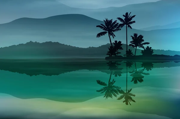 Bakgrund med havet och palmer på natten. — Stock vektor