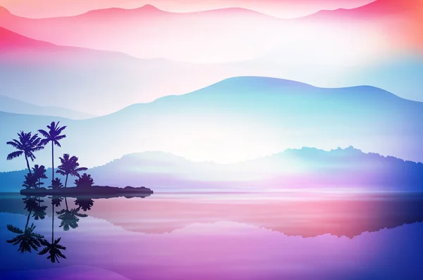 海とヤシの木と、紫色の背景 — ストックベクタ