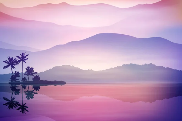 Фіолетовий фон з морем і пальмами — стоковий вектор