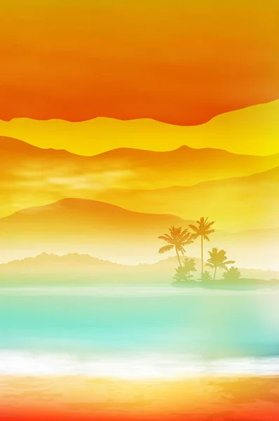 Fondo con mar y palmeras. Tiempo de puesta del sol . — Vector de stock