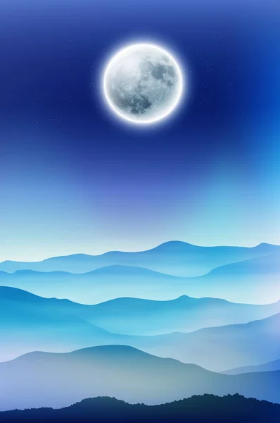 Fond avec la pleine lune et les montagnes dans le brouillard — Image vectorielle